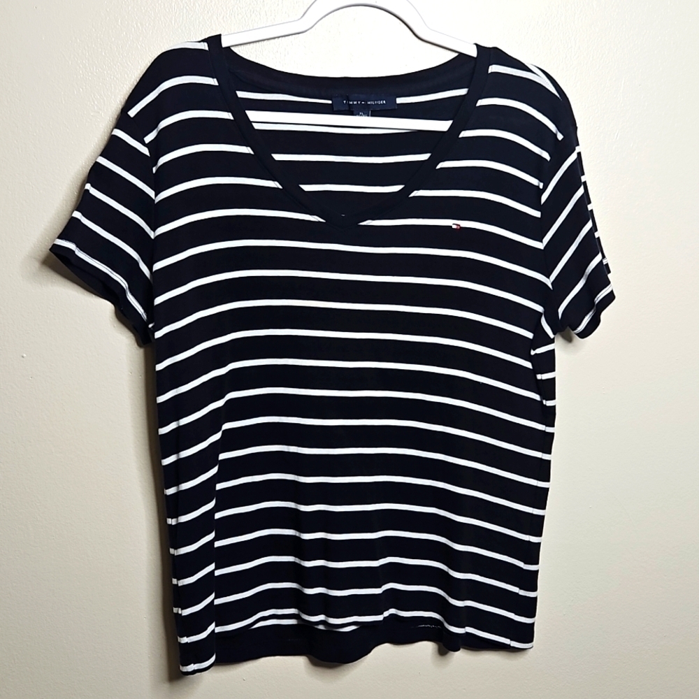 Tommy Hilfiger V Neck T Shirt Navy White Stripe Extra Large